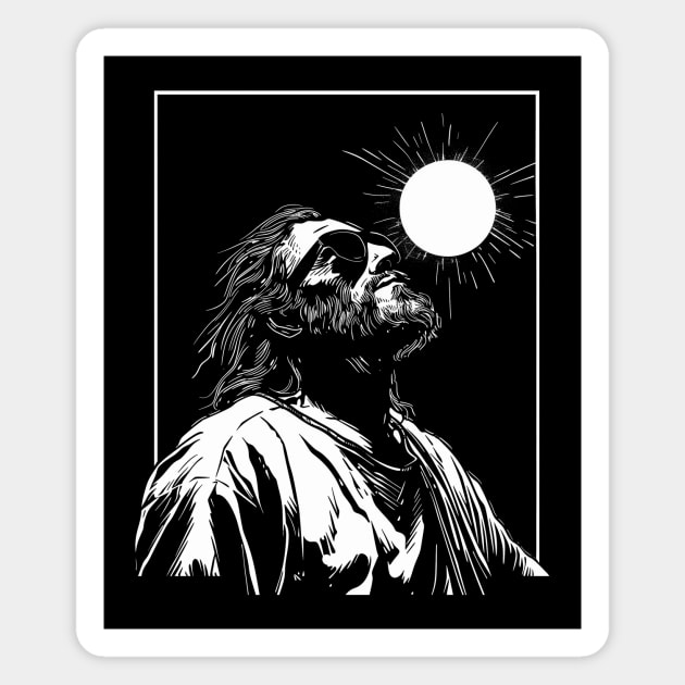 Silhouette of Jesus Wearing Glasses Looking Up at Solar Eclipse Magnet by TeeTrendz